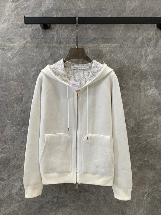 jacquard hooded reversible zip-up cardigan