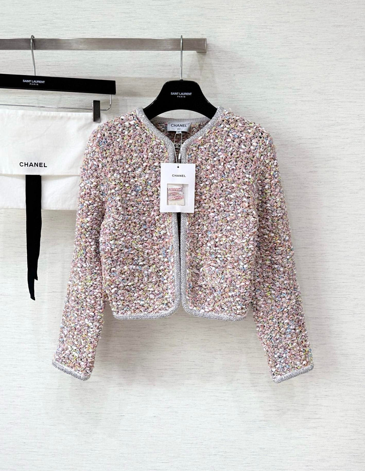Custom-dyed yarn and diamond-trimmed woven cardigan
