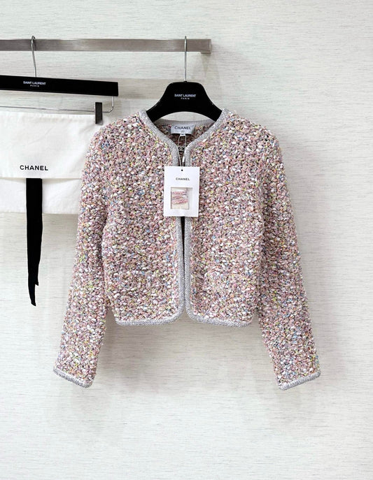 Custom-dyed yarn and diamond-trimmed woven cardigan