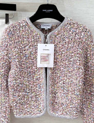 Custom-dyed yarn and diamond-trimmed woven cardigan