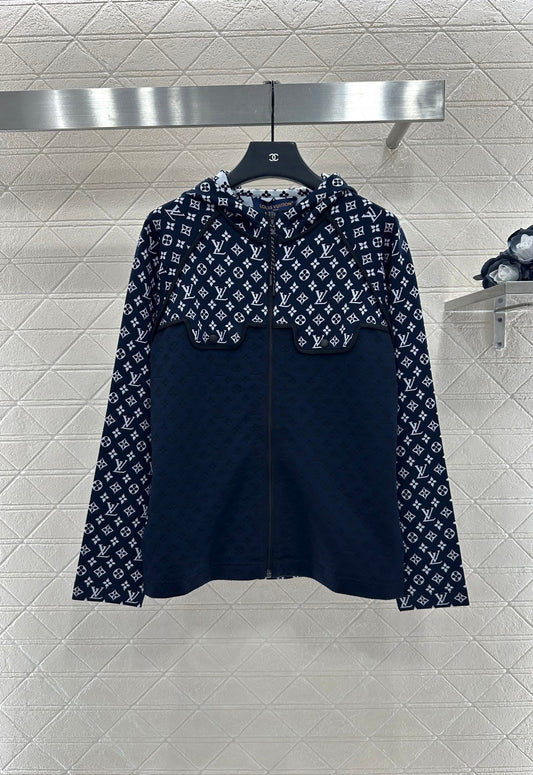 patchwork jacquard hooded knitted jacket