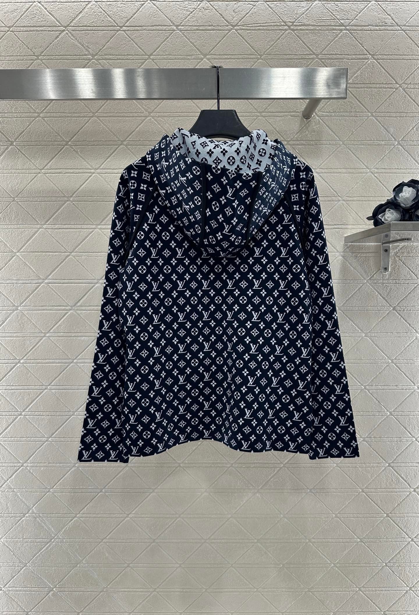 Patchwork-Jacquard-Strickjacke mit Kapuze