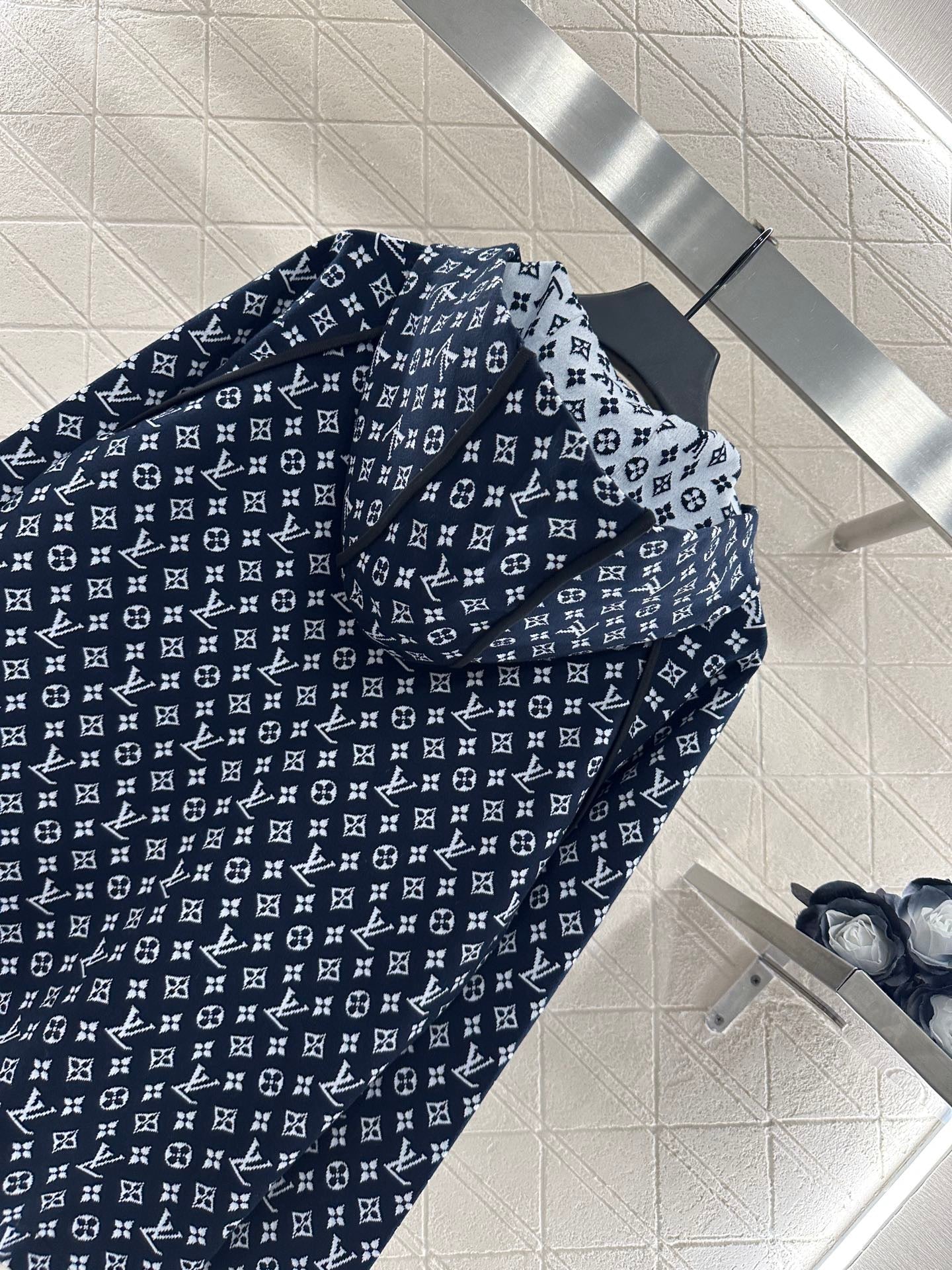 Patchwork-Jacquard-Strickjacke mit Kapuze