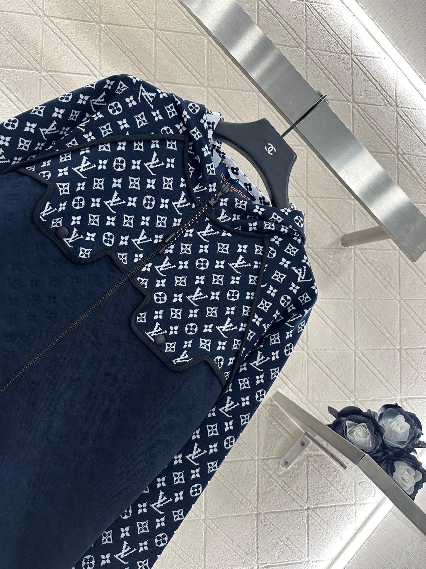 Patchwork-Jacquard-Strickjacke mit Kapuze