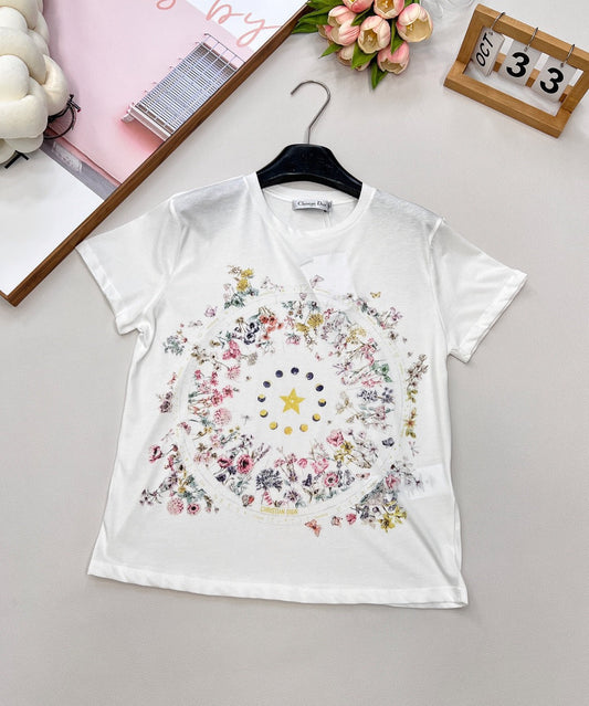 Floral five-pointed star print round neck short sleeves