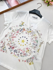 Floral five-pointed star print round neck short sleeves