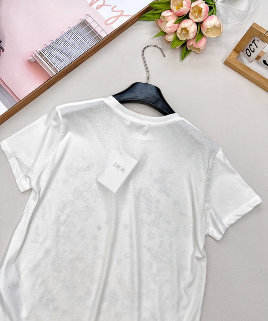 Floral five-pointed star print round neck short sleeves