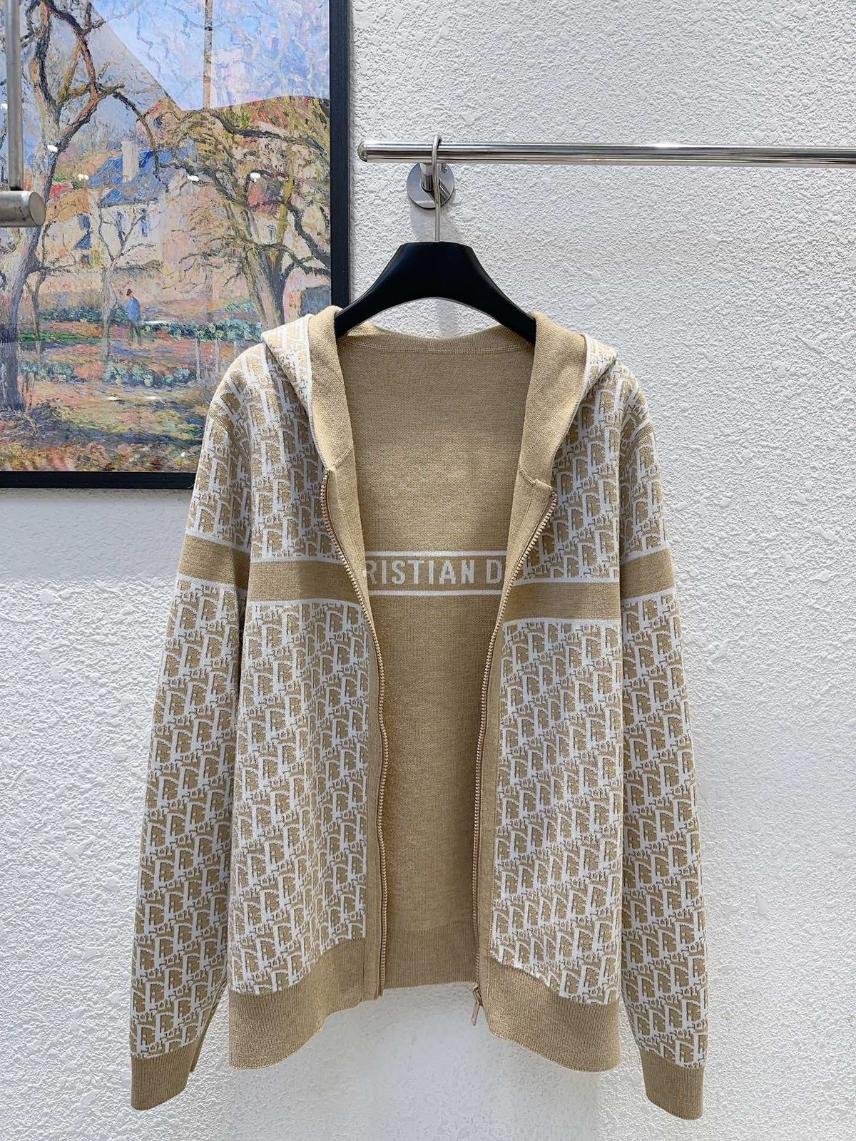 Reversible jacquard hooded zip-up wool jacket