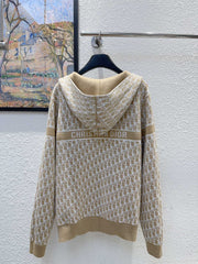 Reversible jacquard hooded zip-up wool jacket