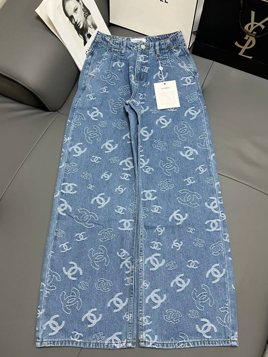 Two-tone high-rise wide-leg straight-leg jeans