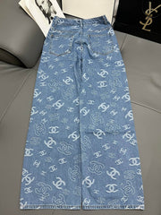 Two-tone high-rise wide-leg straight-leg jeans
