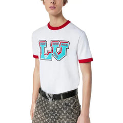 Red and blue jacquard large letter short sleeves