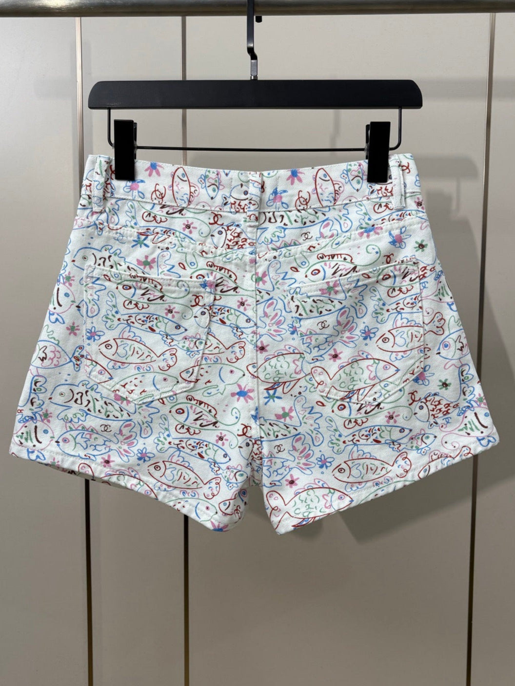 Fish print denim shorts