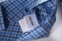 Light blue plaid fur-edged shirt Small plaid fur-edged sleeve shirt Plaid shirt