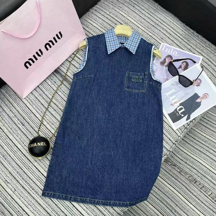 Pocket Letter Patch Embroidery Plaid Stitching Lapel Sleeveless Denim Vest Dress