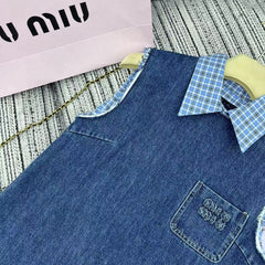 Pocket Letter Patch Embroidery Plaid Stitching Lapel Sleeveless Denim Vest Dress