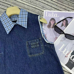 Pocket Letter Patch Embroidery Plaid Stitching Lapel Sleeveless Denim Vest Dress