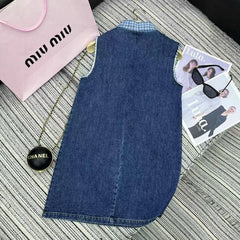 Pocket Letter Patch Embroidery Plaid Stitching Lapel Sleeveless Denim Vest Dress