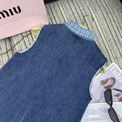Pocket Letter Patch Embroidery Plaid Stitching Lapel Sleeveless Denim Vest Dress