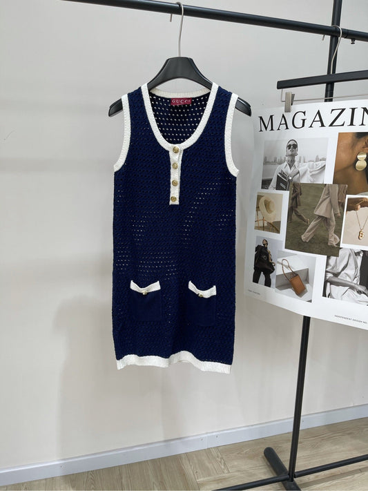 GG blue and white color matching hollow knitted vest dress