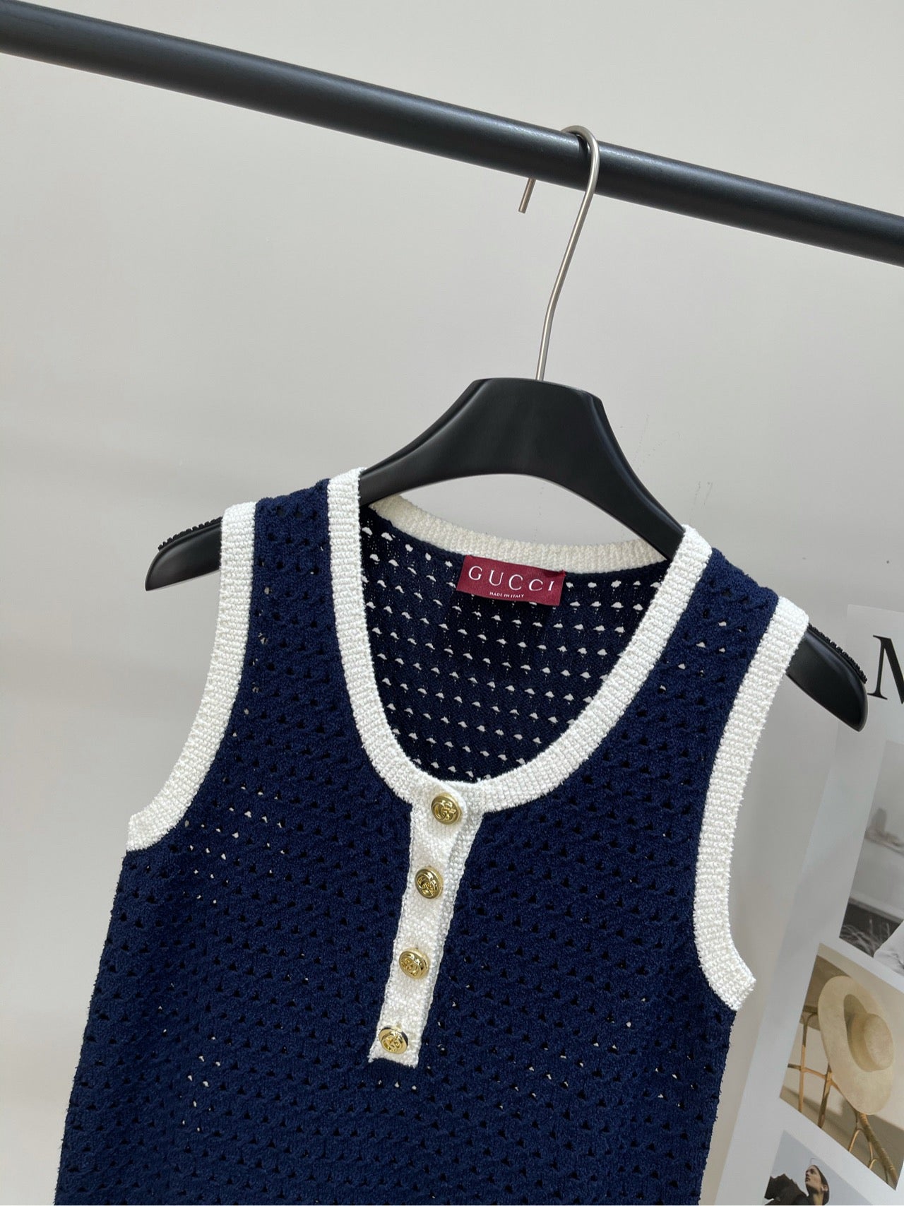 GG blue and white color matching hollow knitted vest dress