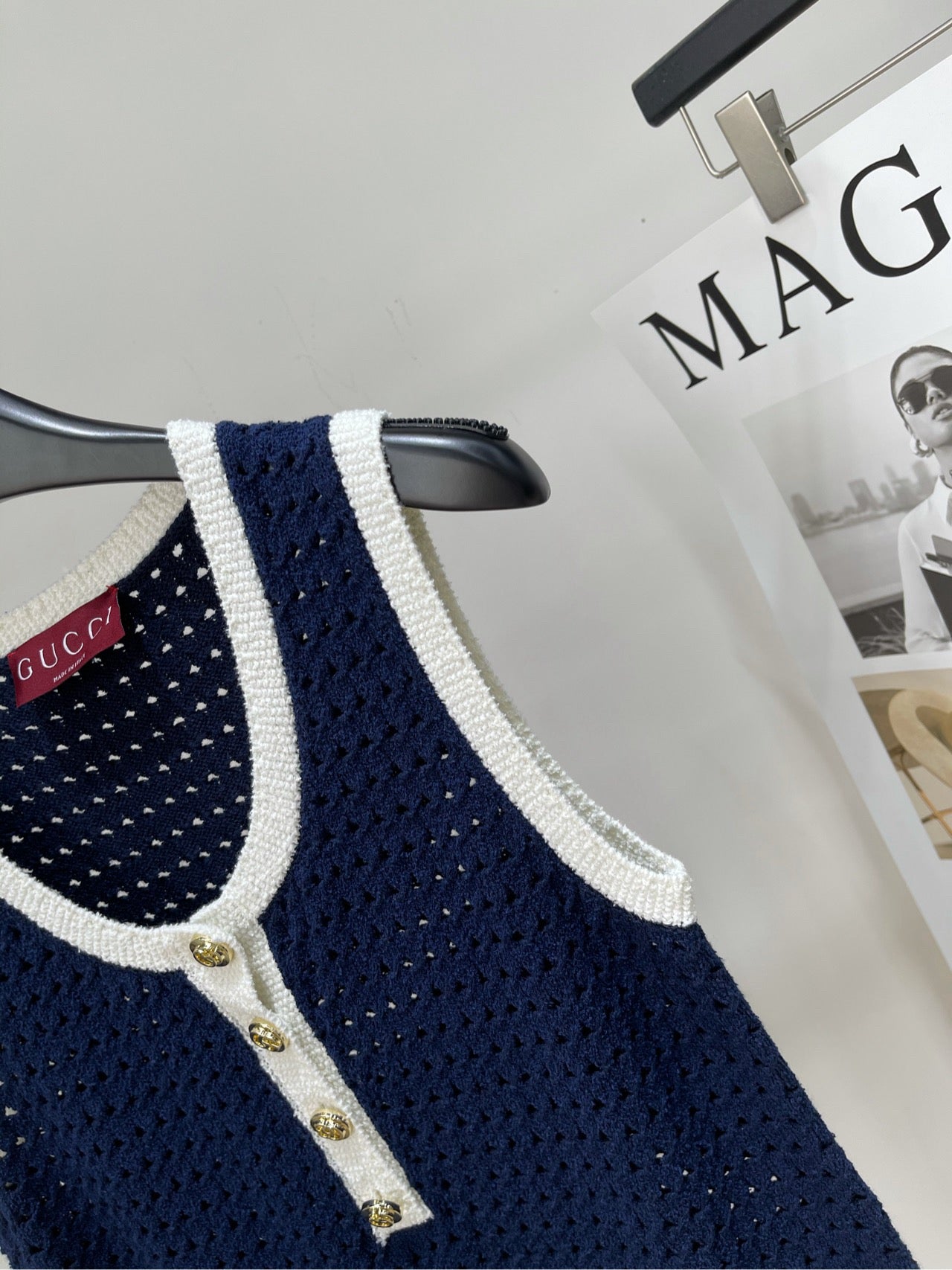 GG blue and white color matching hollow knitted vest dress