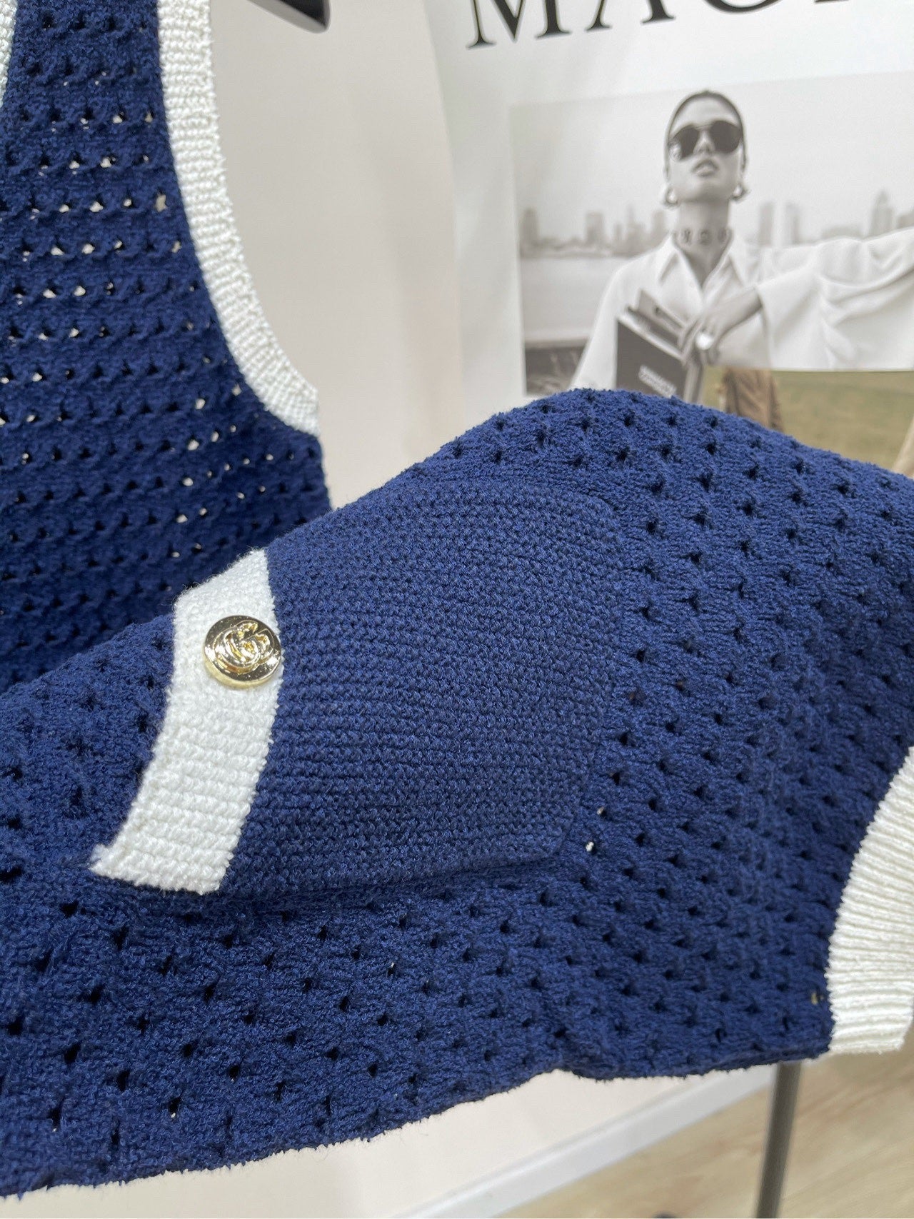 GG blue and white color matching hollow knitted vest dress