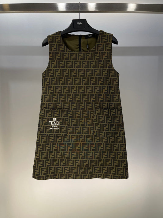 FD pocket letter embroidery all over double F letter jacquard monogram round neck vest dress