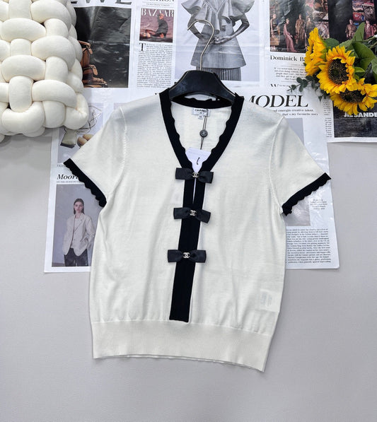 Contrast bow knit short sleeves