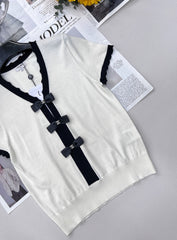 Contrast bow knit short sleeves