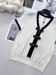 Contrast bow knit short sleeves