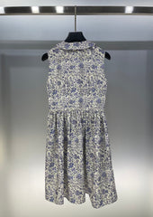 Allover floral pony embroidery Lapel round neck sleeveless dress