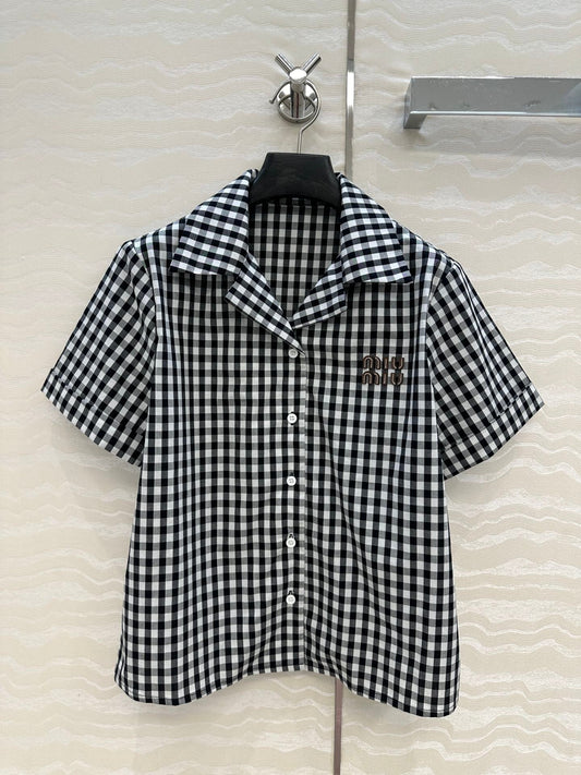 Intellectual style black and white small plaid short-sleeved shirt