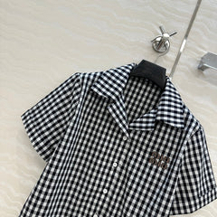 Intellectual style black and white small plaid short-sleeved shirt