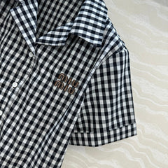 Intellectual style black and white small plaid short-sleeved shirt