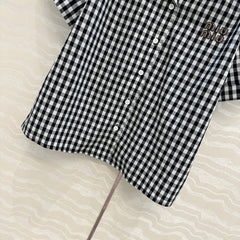 Intellectual style black and white small plaid short-sleeved shirt