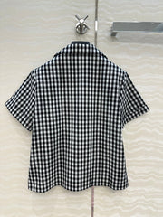Intellectual style black and white small plaid short-sleeved shirt