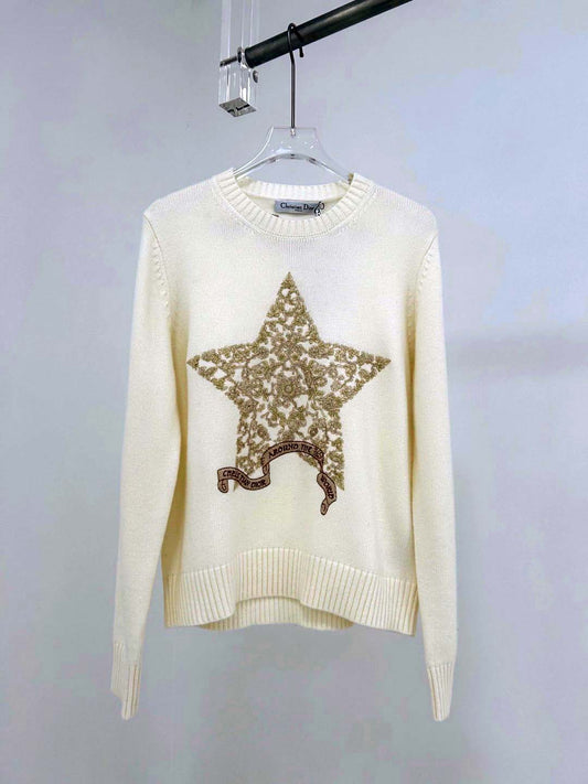 Gold thread five-pointed star ribbon round neck wool sweater