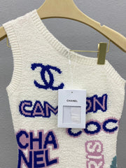 Colorful yarn logo jacquard off-shoulder vest dress
