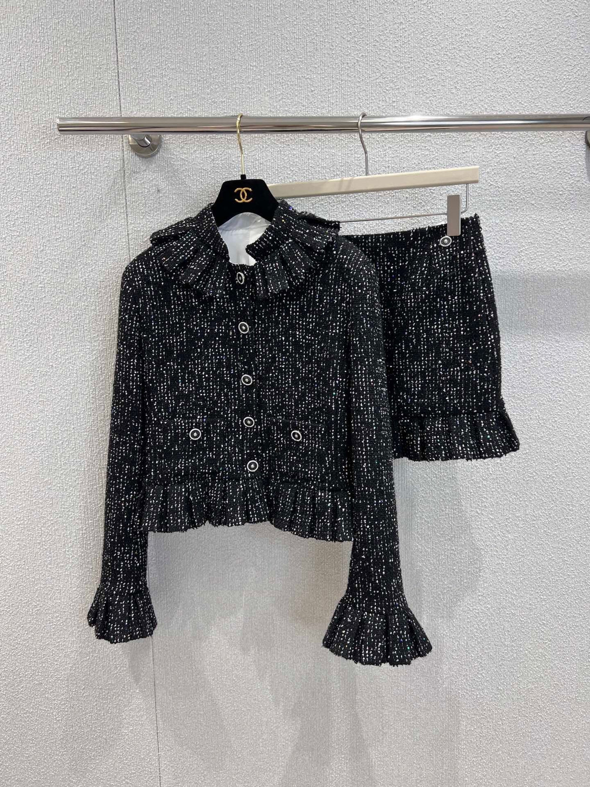 French palace style sequined ruffled jacket + skirt