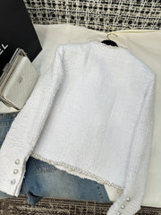 Creamy White Twill Tweed Pearl-Trimmed Button Short V-Neck Long-Sleeved Jacket