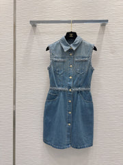 Banded hem gradient denim vest dress