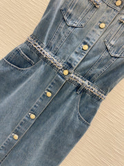 Banded hem gradient denim vest dress