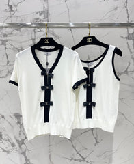 Bow colorblock V-neck knitted cardigan