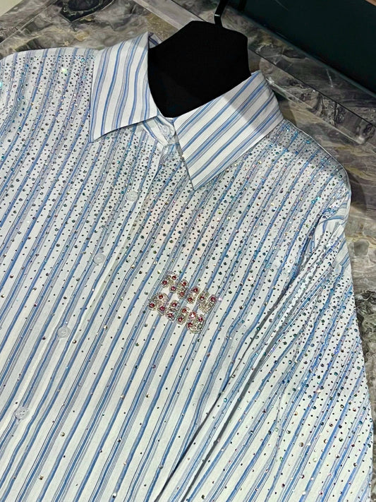 Drop Shoulder Rhinestone Striped Shirt