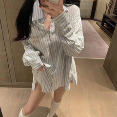 Drop Shoulder Rhinestone Striped Shirt