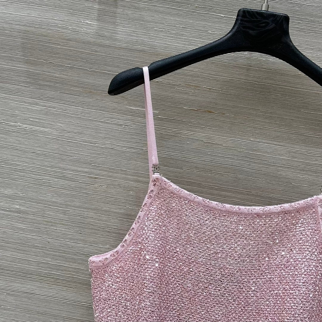 Rosafarbenes Lurex-Strick-Camisole mit Rüschensaum 