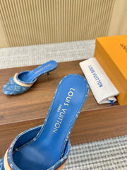 Denim Monogram Mule Heels with Contrast Strap