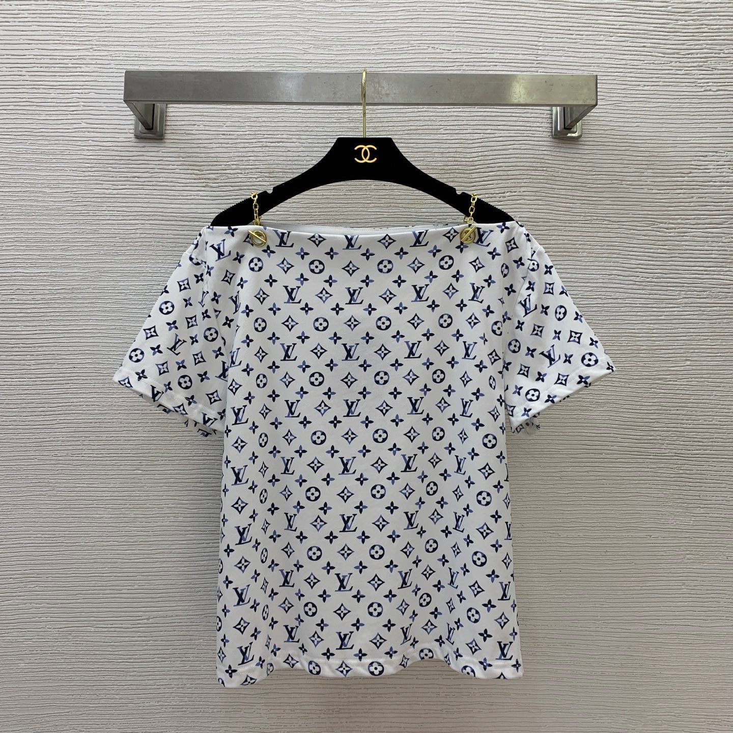 Monogram Off-Shoulder Top with Chain Hardware