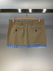 Khaki Mini Skirt with Plaid Hem